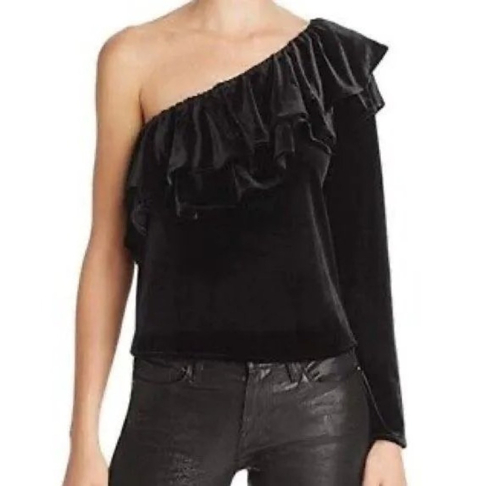 Misa Los Angeles Black Velvet One Shoulder Ruffle Mielle Top Size‎ XS